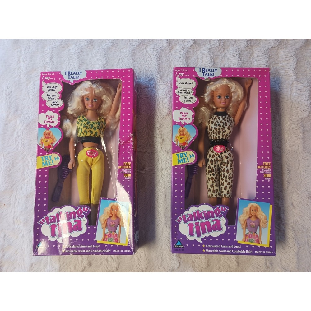 Lot Of 2 New In Box Vintage 1992 Talking Tina Doll Toymax 05105 Cheetah Print